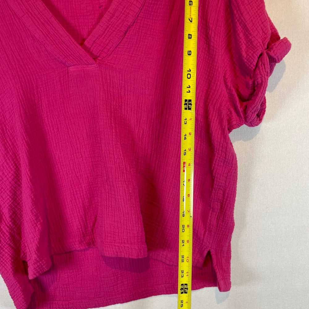 Dear‎ John Fuchsia Pink Cotton Gauze V-Neck Top with Knotted Sleeves Medium - Picture 5 of 6